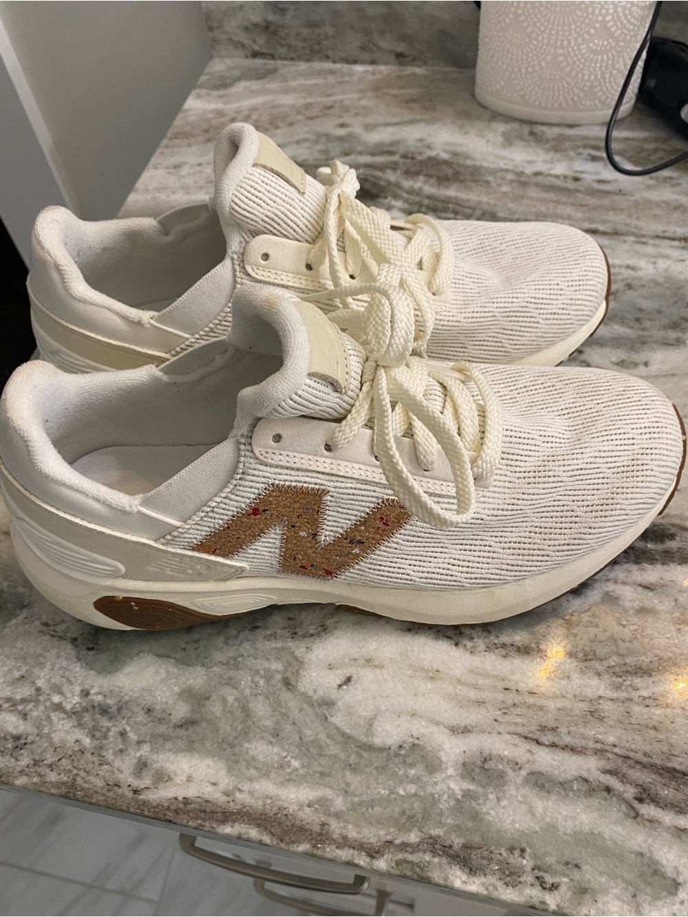 New Balance Women's Cream Knit Sneakers with Tan Accent - Picture 5 of 8